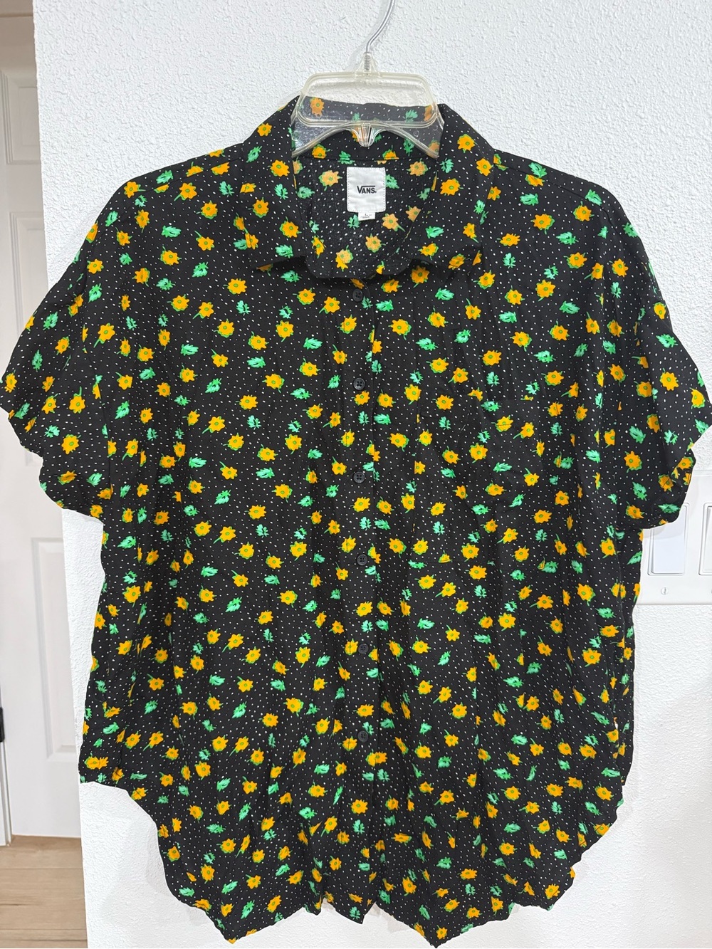 Vans Black Short-Sleeve Button-Down with Yellow Flowers and Green Leaves